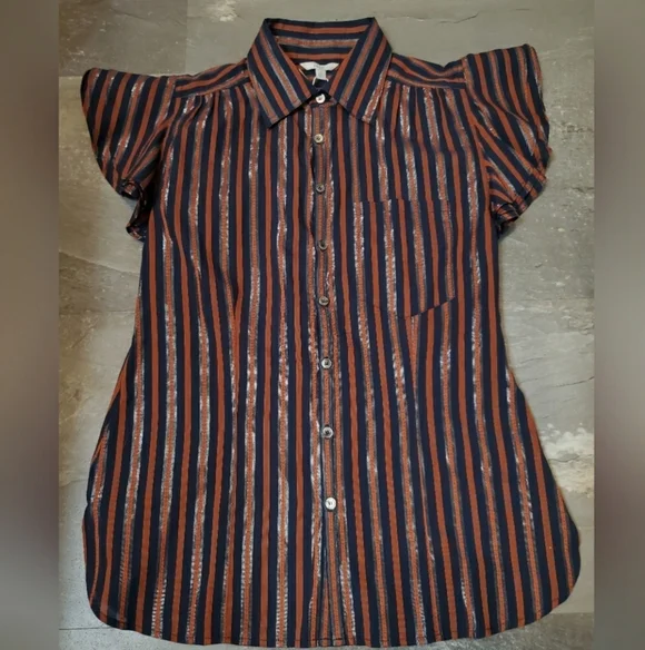 NWT Joie "Dyllis Dark Sapphire" short sleeves blouse. Blue, orange, metallic. S. - Picture 1 of 9